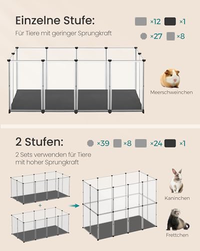 SONGMICS Kleintiergehege mit Bodenplatten, Laufstall mit Abnehmbarer und wasserfester Unterlage, Gehege für Hamster, Kaninchen, Meerschweinchen, 145 x 73 x 57 cm, weiß LPC013W01