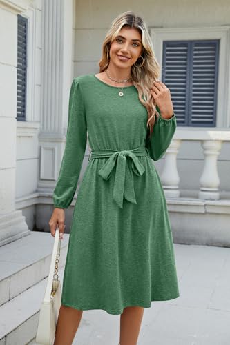 Image of Newshows Womens Long Sleeve Casual Dresses 2025 Business Work Teacher Fall Church Belted A Line Flowy Midi Dress