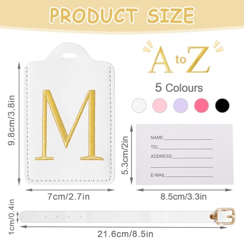 Image of Personalized Initial Luggage Tags for Suitcases, Cute PU Leather Embroidered Letter Travel Luggage Tags, Suitcase Identifier Name Baggage Tag, Bag Tags for Men Women Kids Luggage Handbags(White M)
