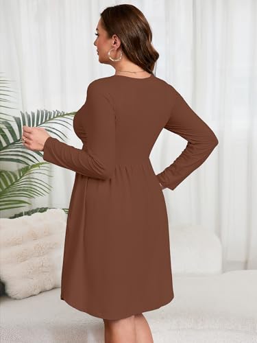 Image of AusLook Women's Plus Size Long Sleeve Midi Dress Casual Empire Waist Loose Flowy Dresses A-Line Boho Long Dress with Pockets