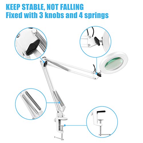 LANCOSC Magnifying Glass Desk Lamp with Clamp - White/Warm White Lighted 5-Diopter Magnifier Lens - Adjustable Metal Swivel Arm LED Light for Reading, Crafts, Professional Tasks (White) - Thumbnail 4