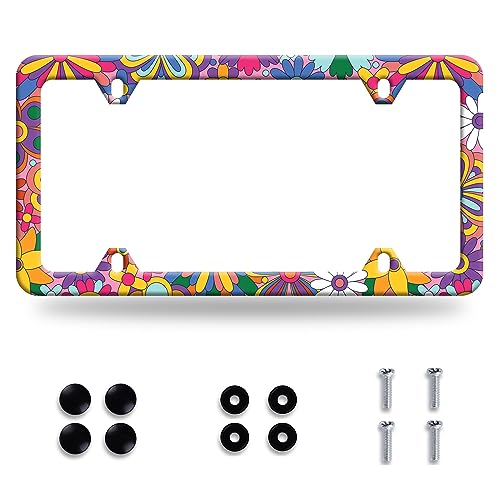 Hippie Flowers License Plate Frame Cute Floral License Plate Colorful Stainless Steel Funny Auto Parts Beautiful License Plate Decoration with Holes Screws Size 12.3