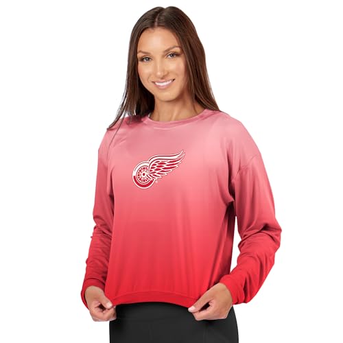 CERTO NHL Detroit Red Wings Women's Long Sleeve High-Low Top, Ombre Wash Crewneck T-Shirt, Officially Licensed Fan Apparel, Small
