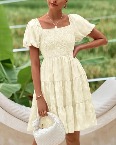 Image of dowerme Womens Summer Dresses 2025 Puff Short Sleeve Square Neck Smocked Floral Wedding Guest Mini Dress with Pockets