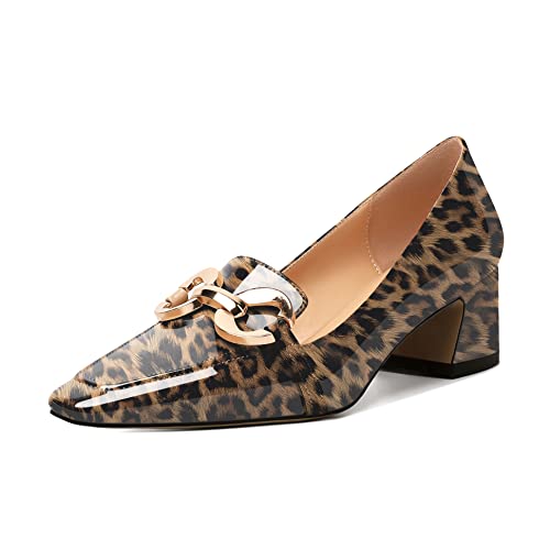 Mettesally Womens Square Toe Block Heels Mid Chunky Heel Loafer Pumps Slip On Chain Dress Comfortable Prom Shoes