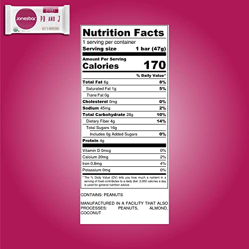 Jonesbar Usda Organic Fruit & Nut Bar, Non-Gmo, Kosher, Vegan, Gluten Free, Simple Snack Bar (Peanut Butter And Jelly, 1 Bar (Pack Of 1)) #TOP4