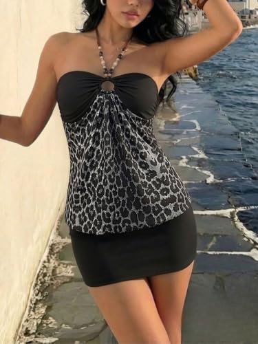 Image of Verdusa Women's Cheetah Print Y2K Dress Halter Bodycon Mini Party Dresses