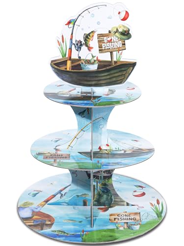 Keluna Ofishally One Birthday Decorations - Reusable Fishing Party Supplies Gone Fishing 3 Tier Cupcake Stand Dessert Tower Holder for Birthday Decoration Baby Shower Party Decor Supplies
