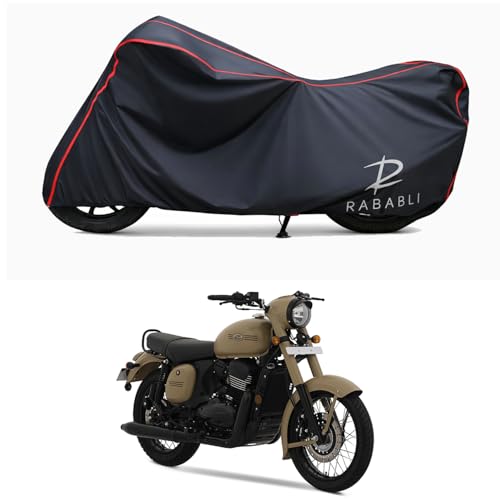 Image of Waterproof Bike Body Cover Compatible for | Jawa Khakhi Editions | Taffeta Fabric, Red Piping Design, Bottom Elastic Fit | Dustproof, Sun UV & Rain Protection for All Bikes