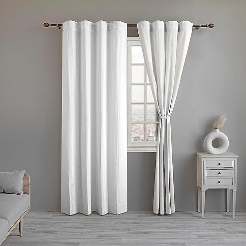 LINENWALAS Cotton Linen Semi-Sheer Curtains for Living Room 63 inch Length, 2 Panels Set, Rod Pocket Top, Semi Transparent Window Curtain Balance Privacy & Light (W-52” x L-63” / Semi-Sheer/White)