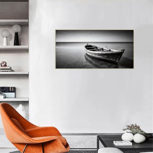 Tableau Décoration Murale Lac Bateau 2 Noir et Blanc Toile 60x120cm - 2