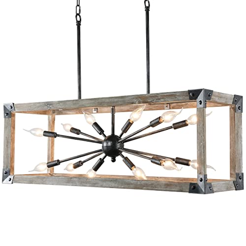 12-Light Farmhouse Chandeliers For Dining Room, Large Wood & Black Metal Rectangular Rustic Pendant Lighting For Kitchen Island Modern Sputnik Light Fixtures Over Table Entryway Ceiling Hanging Light #TOP6