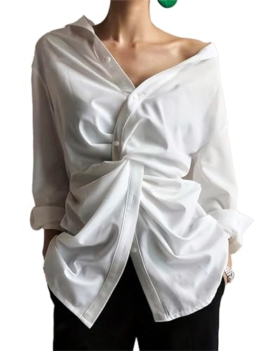 Women's Elegant Asymmetrical Button Down Shirt for Spring/Summer Long Sleeve Classic Dressy Office Blouse Tops