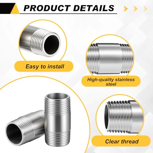 Image of 4 Pcs 304 Stainless Steel Pipe Fittings 3 /4 inch NPT x 3 /4 inch NPT Male Threaded 2 inch Length Nipple Cast Pipe Fittings for Oil Air Fuel