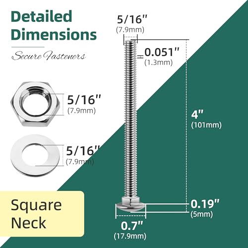 Image of (7 Sets) 5 /16-18 x 4 Carriage Bolts with Nuts and Washers, 304 Stainless Steel Round Head Square Neck 5 /16 Carriage Bolts Screws, Full Thread for Outdoor