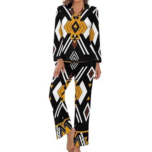 Pyjama femme grande taille à motif géométrie tribale américaine et taille élastique