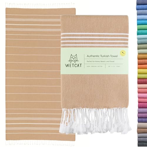 WETCAT Turkish Beach Towel Oversized (38"x71") 100% Turkish Cotton, Made in Turkey - Sand Free, Extra Large, Ultra Soft, Quick Drying, Compact & Lightweight for Travel - Tawny Brown