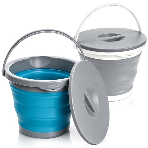 Bekith 2 Pack Collapsible Plastic Bucket with Locking Lid 5L / 1.32 Gallon Foldable Round Tub Portable Fishing Water Pail for Hiking Backpacking Camping and Outdoor Survival (Blue Gray)