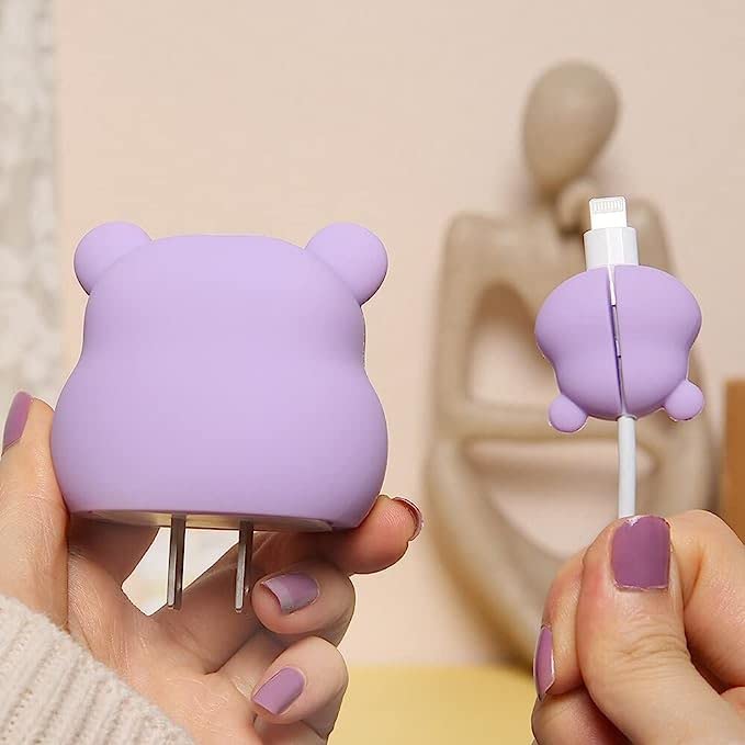 Image of Cartoon 3D Design Protective Case for 18W 20W iPhone 16 1514 13 12 11 Pro Max Fast Charging Cable Adapter Charger, Cute Cartoon Lightning Data Cable Case for iPhone Charger Purple-bear