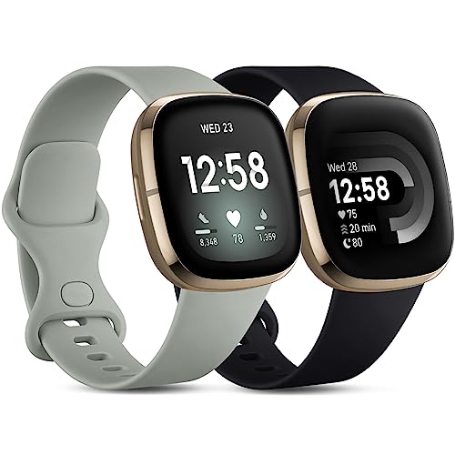 CeMiKa 2 Paquete Correa Compatible Con Fitbit Versa 4/3, Sense/Sense 2, Suave Deportiva de Repuesto Para Fitbit Versa 4/3/Sense, Grande Negro/Gris