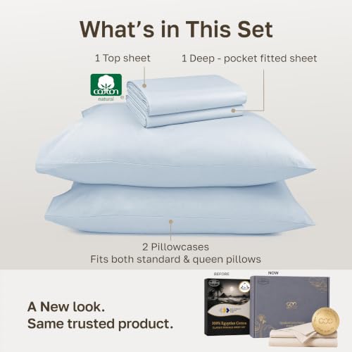 Image of California Design Den 100% Egyptian Cotton Deep Pocket Full Size Sheets Set | Certified & Backed by GH Seal, Light,Airy,Crisp Percale for Hot Sleepers, 15 inch Deep Pocket, All-Around Elastic, 4pcs -Sky Blue