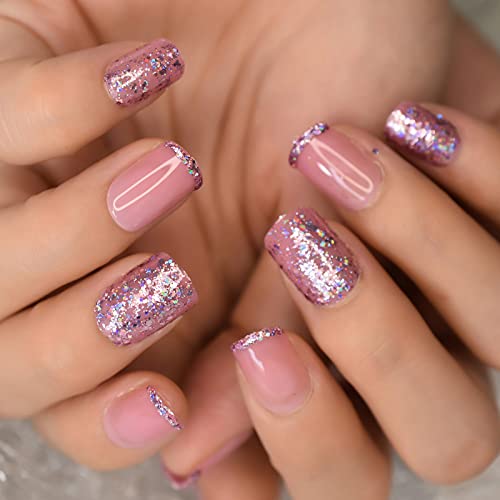 Coolnail 24Pcs Jelly Pink Fake Nails Holo Laser Glitter Artificial French Press On False Nail Tip For Office Home Square Short Faux Ongle #TOP2