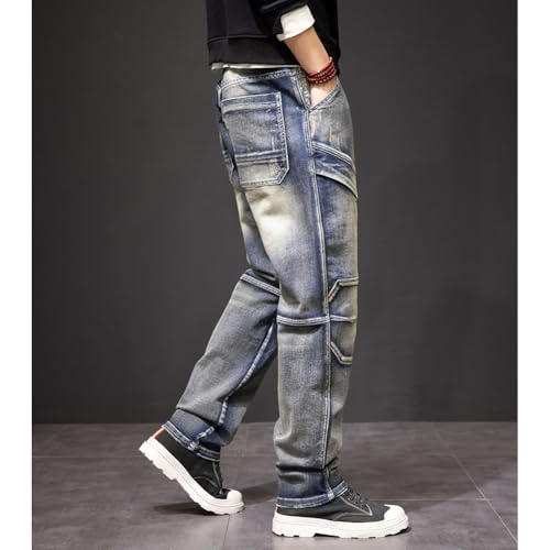 Straight Leg Stretch Denim Pants for Men Washed Relaxed Fit Jeans with Multi Pockets 29-444