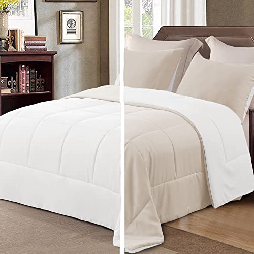 Exclusivo Mezcla Lightweight Reversible Twin size Comforter Set Down Alternative Comforter with 1 Pillow Sham Twin Size Bedding Set for All Seasons Brich Beige/White