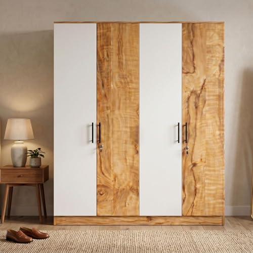 Image of FFO Tokyo 4 Door Wooden Wardrobe for Bedroom with Hanging Rod, Shelves & Lock | Modern Clothes Storage Almirah /Cabinet with White & Coach Wood | Wardrobe Organizer for Clothes, Dresses DIY.