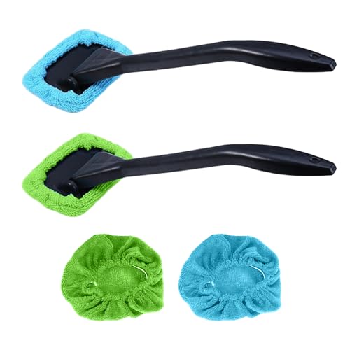 OAAO 2 Pcs Windscreen Cleaning Brushes and 2 Pcs Replacement Cloths, Long Handle Windshield Cleaner, Suitable for Various Car Models of Windshield Cleaning and Demisting Moisture (Blue and Green)