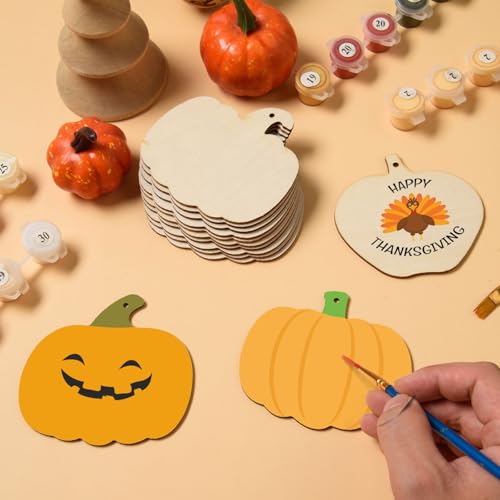 MixTeach 60 Pieces Unfinished Wood Pumpkin Cutouts Fall Pumpkin Shapes Ornaments Blank Wooden Hanging Slices with Holes and Hemp Rope for Autumn Halloween Thanksgiving Harvest DIY Crafts - Thumbnail 3