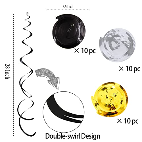 Image of 30Pc Gold Silver and Black Party Party Swirl Decorations Foil Swirl Hanging Decoration Plastic Streamer for Ceiling 22 in
