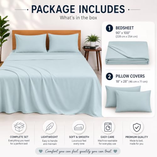 Image of Blue Strip Premium Flat Bedsheet Set, Light Blue, 228 cm x 254 cm, with 2 Pillow Covers 46 cm x 71 cm, Soft and Breathable
