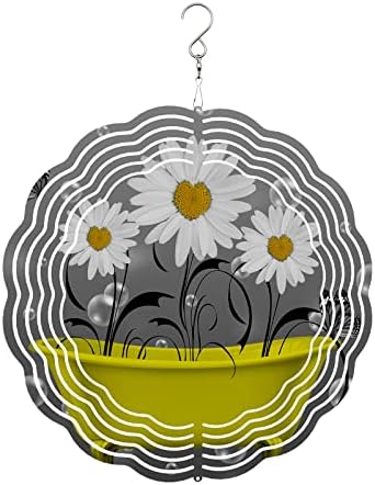 Wind Spinners for Yard and Garden- Rustic Floral Daisy in Yellow Bathtub 3D Metal Wind Sculptures & Spinners Hanging Flower on Grey Stainless Steel Kinetic Art Indoor Outdoor Decor 10 Inches,