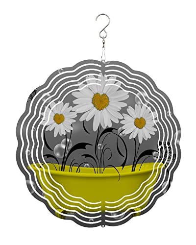 Wind Spinners For Yard And Garden- Rustic Floral Daisy In Yellow Bathtub 3D Metal Wind Sculptures & Spinners Hanging Flower On Grey Stainless Steel Kinetic Art Indoor Outdoor Decor 10 Inches, #TOP2