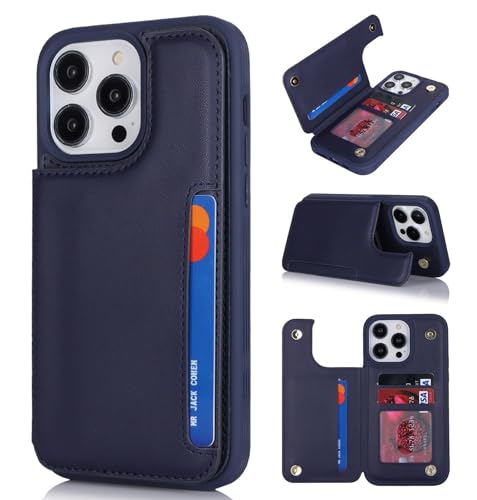 Coque iPhone 14 Pro avec porte-cartes iCoverCase bleu en cuir synthétique