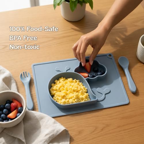 Image of TCK Silicone Baby Meal Plate Set with Spoon & Fork | Whale Shaped | Blueberry Colour | 2 Section Divided Plate for Toddlers | Food Grade Kids Feeding Set | Microwave Dishwasher Safe