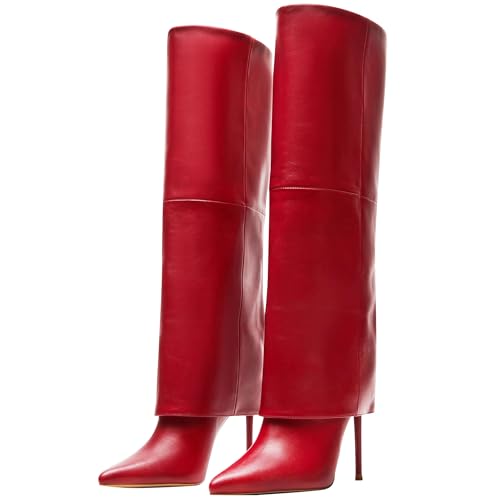 KaroNairy Fold Over Boots For Women Pointed Toe Knee High Boot Stiletto Heel Wide Calf Booties Long Boots Tall Boots