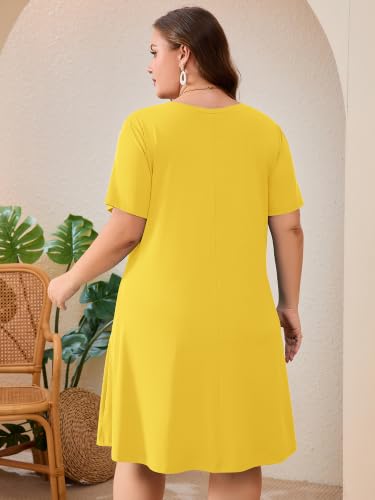 Image of AusLook Plus Size Midi Dress for Women Short Sleeve V Neck Criss Cross A Line Summer Casual Vacation Sundresses with Pockets
