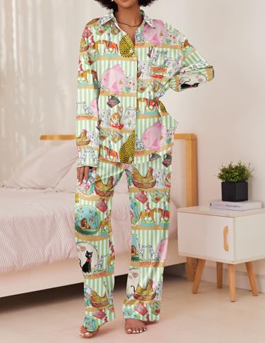 Ekouaer Womens Satin Silky Pajama Set 2 Piece Print PJs Soft Loungewear Button Down Sleepwear with Elastic Waist Long Pants
