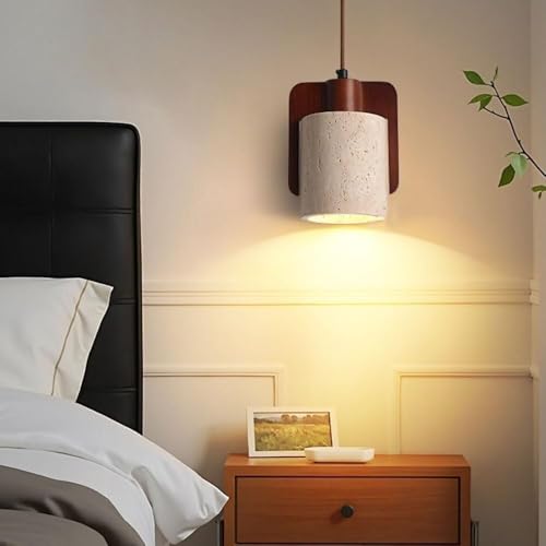 Cylinder Natural Stone Pendant Light with E26/E27 Wood Base Lamp Single Heads Dining Room Decorative Hanging [3]