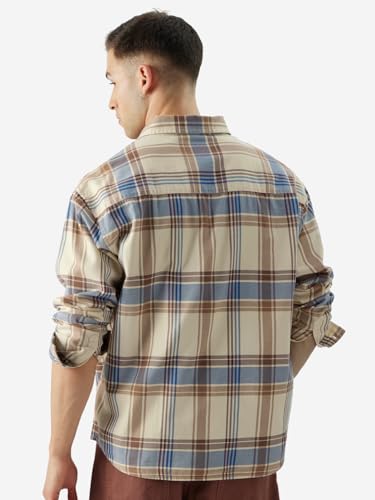 Image of The Souled Store Checks: Blue Yellow Men and Boys Long Sleeve Collared Neck Button Front Relaxed Fit Shirts Shirts Casual Plaid Button-Down Long Sleeve Checks Checkered Casual Workwear Fashionable