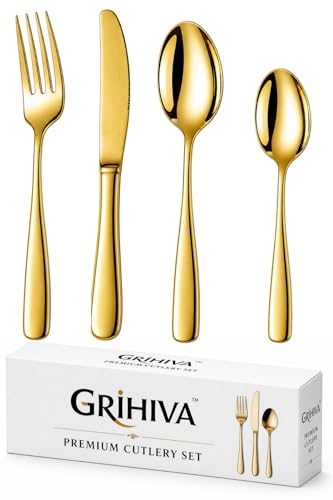 GRIHIVA 4 Pcs Gold Mirror Polish Stainless Steel Cutlery Set for Dining Table with Spoon and Fork Set & Butterknife - The Perfect Tableware/Flatware