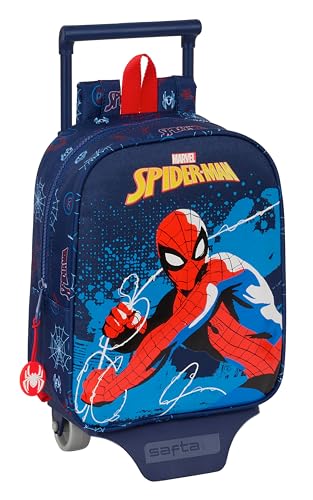 Safta SPIDERMAN NEON - Mochila Guardería con Carro, Ideal para Niños de Diferentes Edades, Cómoda y Versátil, Calidad y Resistencia, 22x10x27 cm, Color Azul Marino