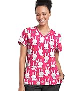 Happy Scrubs Women's Fuchsia Easter Print Scrub Top (XS-3X) – 7 Pocket Rounded V-Neck Medical Uni...