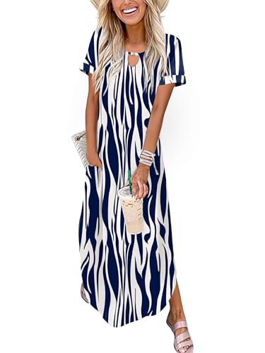 Zeagoo Womens Maxi Summer Dress with Pockets Casual Short Sleeve Sundress Trendy 2025 Curve Hem Long Dresss