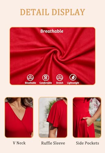 Image of Women's Plus Size Summer Dresses V Neck Ruffle Short Sleeve Casual Wrap A Line Midi Dress with Pockets