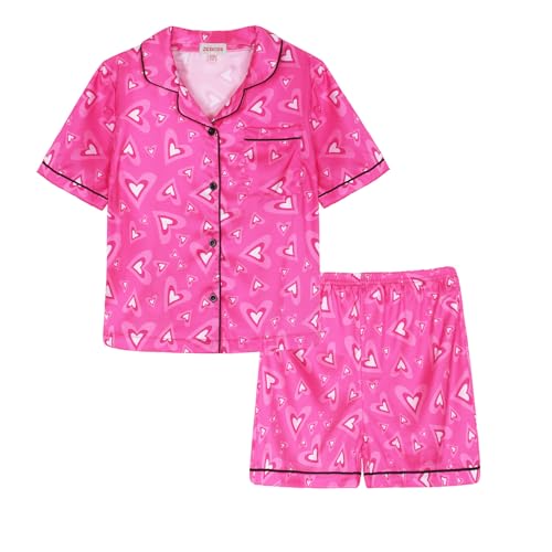 JESKIDS Girls Boys Satin Pajamas Sets Kids Silk Sleepwear Summer Nightwear 4-13 Years Rose Red Heart 4-5T