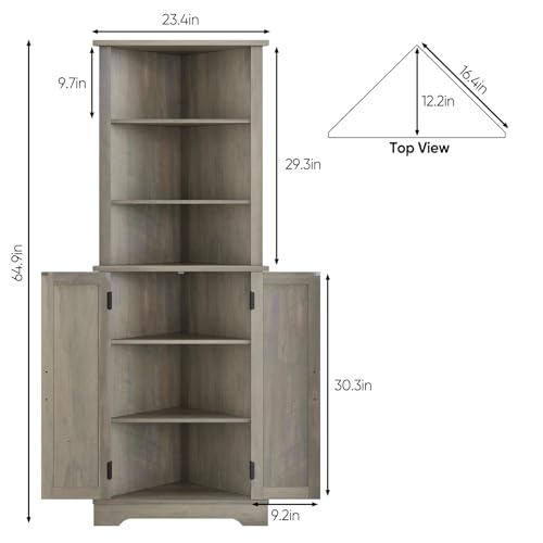 649-Tall-Bathroom-Corner-Cabinet-Farmhouse-Floor-Corner-Cabinet-with-Doors-and-Adjustable-Shelves-Freestanding-Wooden-Storage-Hutch-Cupboard-for-Bathroom-Kitchen-Living-Room-Grey 649 Tall Bathroom Corner Cabinet Farmhouse Floor Corner Cabinet with Doors and Adjustable Shelves Freestanding Wooden Storage Hutch Cupboard for Bathroom Kitchen Living Room Grey