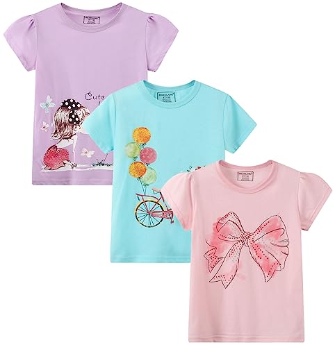 Image of Girls Graphic T Shirts 3 Pack 100% Cotton Short Sleeve Tees for Toddler Little Big Girls Cute Printed Casual Summer Tops